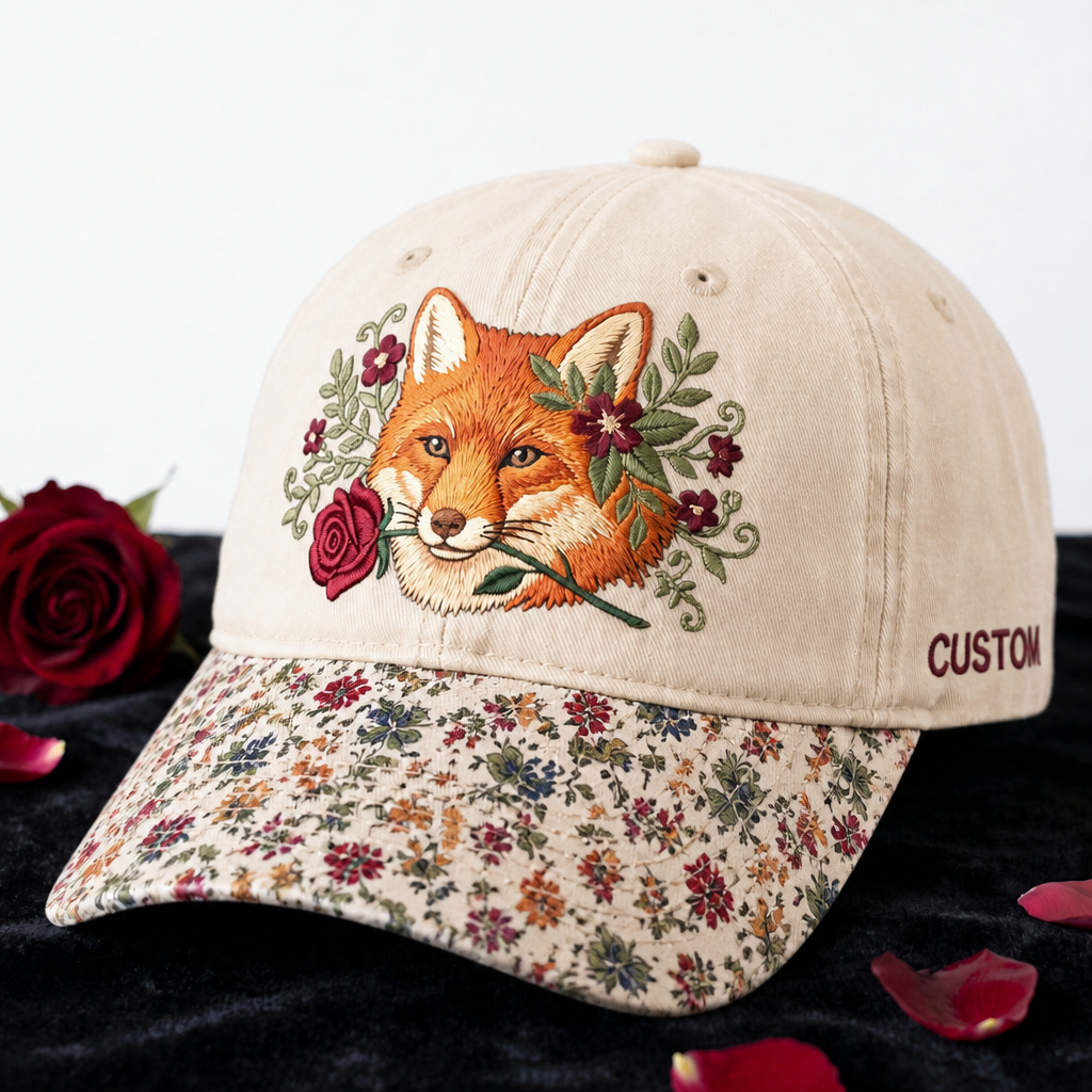Personalized Fox Floral Roses Botanical Portrait Embroidered Floral & Leopard Brim Hat