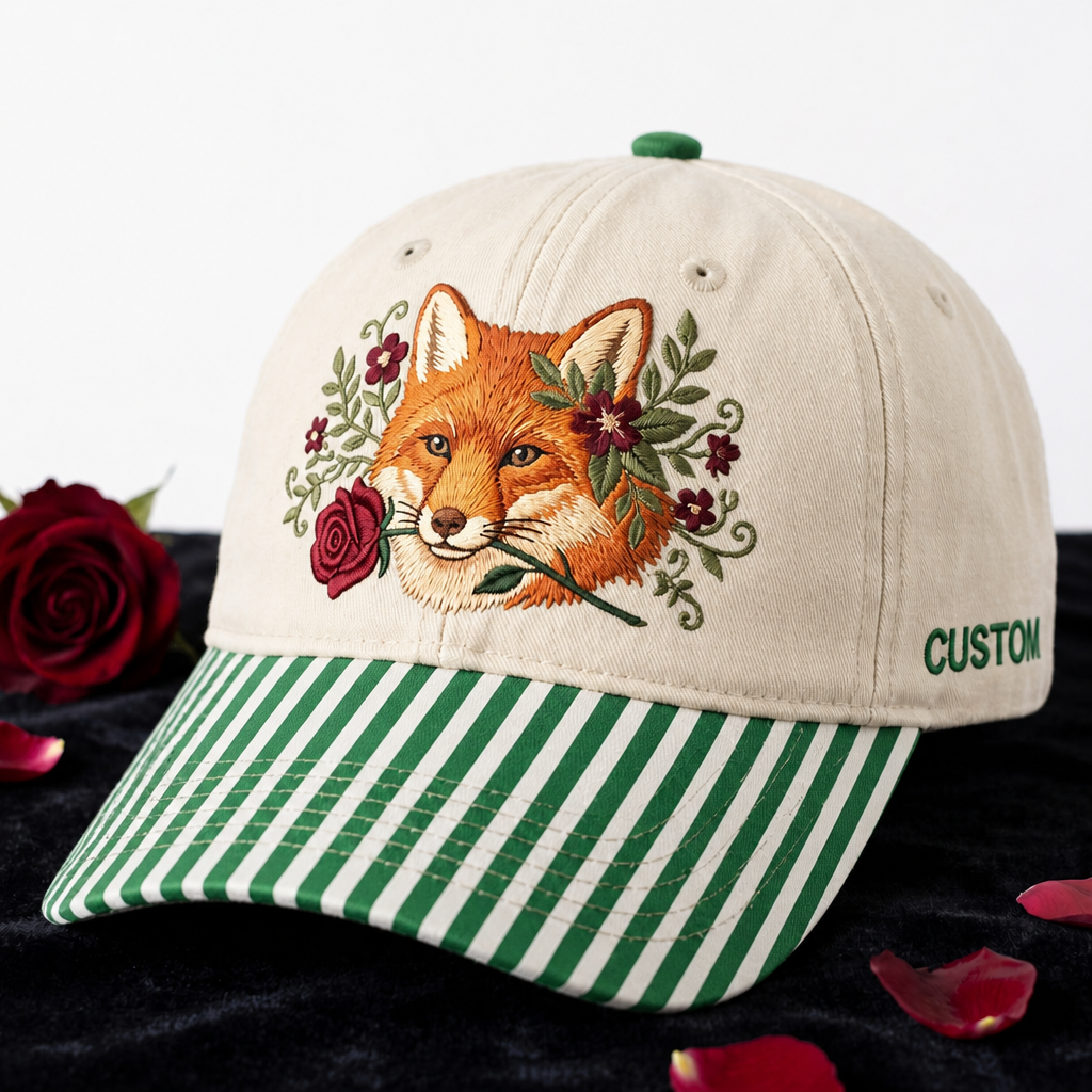 Personalized Fox Floral Roses Botanical Portrait Embroidered Gingham & Stripe Brim Hat