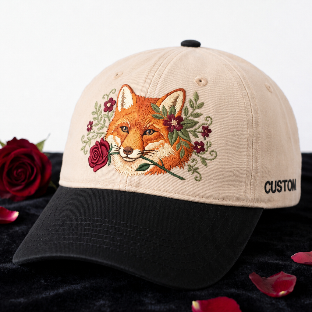 Personalized Fox Floral Roses Botanical Portrait Embroidered Two-Tone Hat