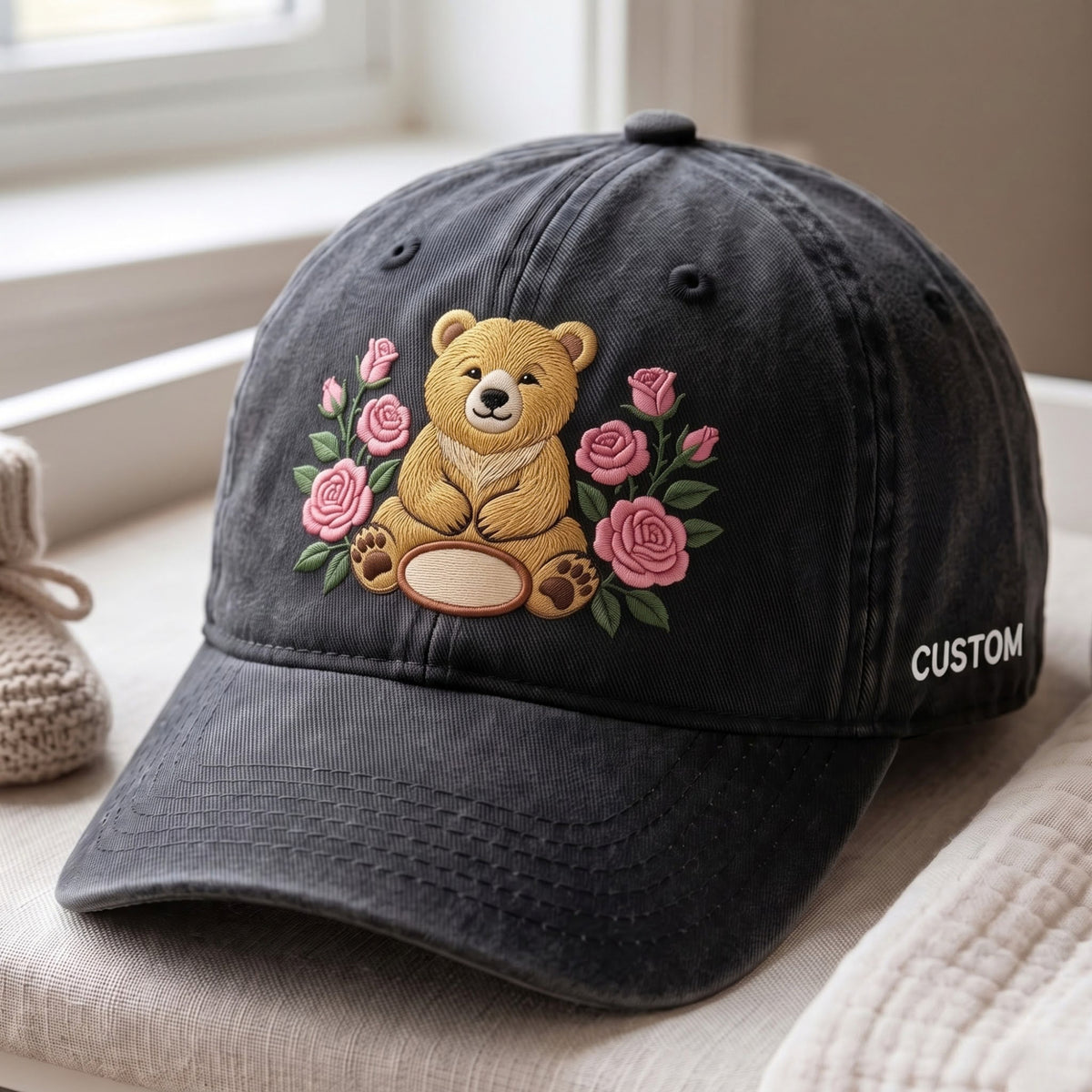 Personalized Teddy Bear Pink Roses Floral Name Embroidered Hat — Washed Hat