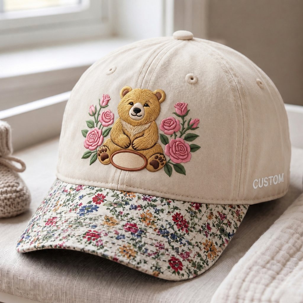 Personalized Teddy Bear Pink Roses Floral Name Embroidered Floral & Leopard Brim Hat