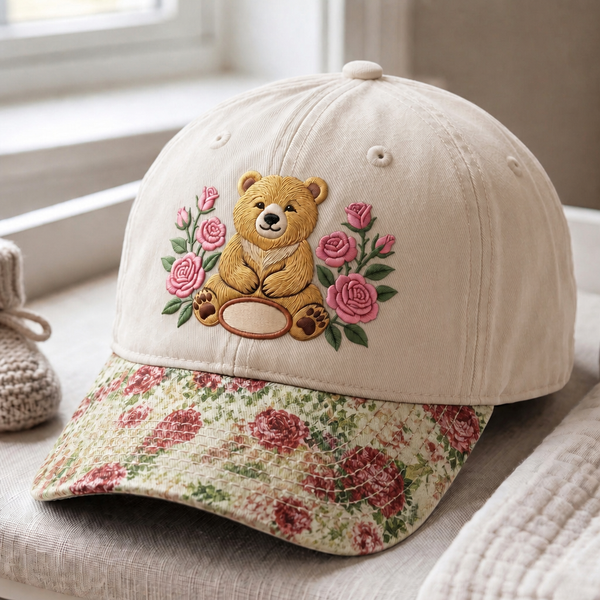 Personalized Teddy Bear Pink Roses Floral Name Embroidered Floral & Leopard Brim Hat