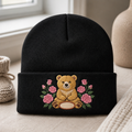 Personalized Teddy Bear Pink Roses Floral Name Embroidered Beanie