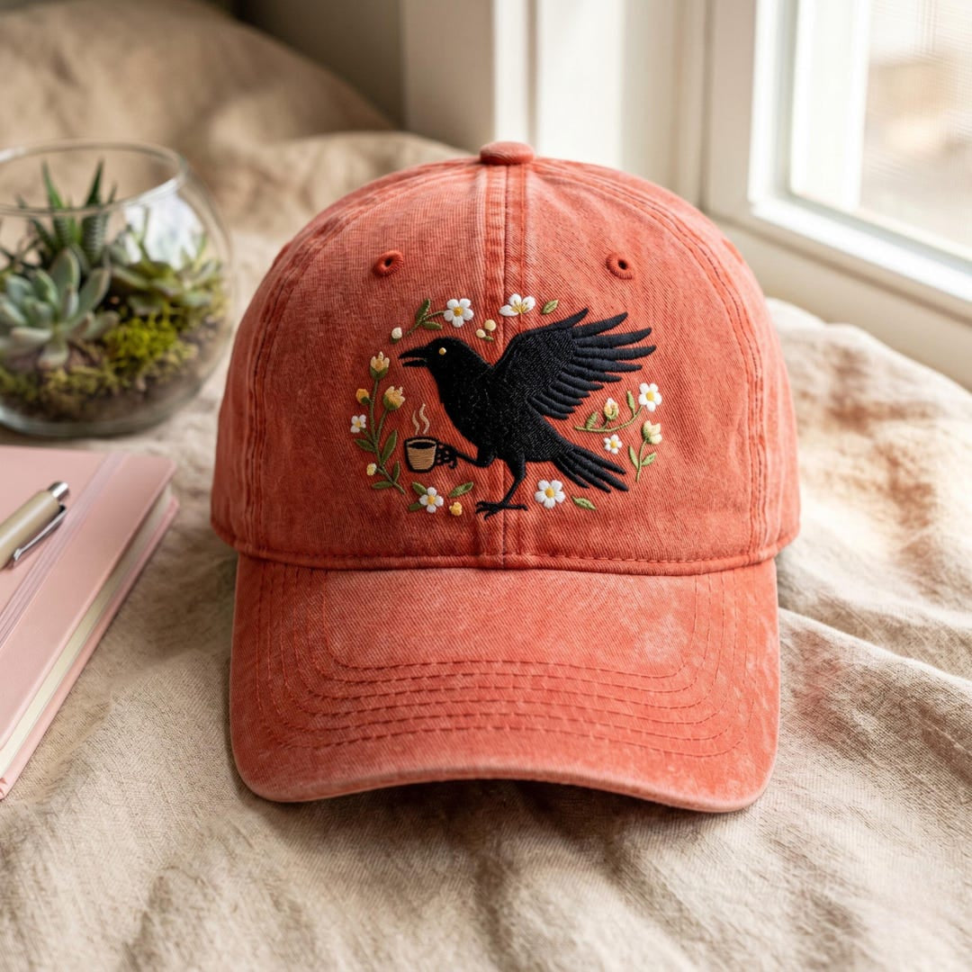 Crow With Coffee Cup Boho Floral Wreath Embroidered Hat — Washed Hat