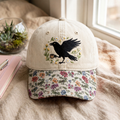 Crow With Coffee Cup Boho Floral Wreath Embroidered Floral & Leopard Brim Hat