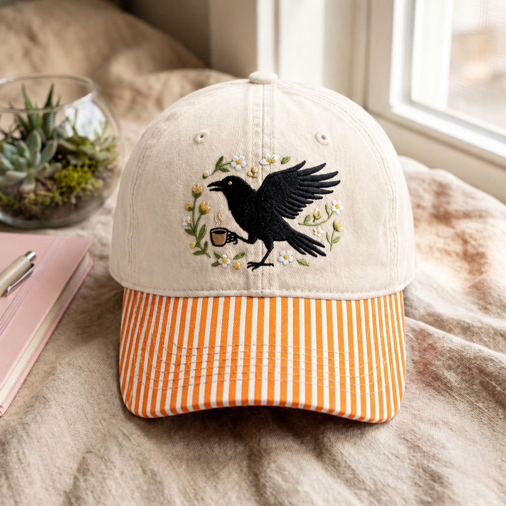 Crow With Coffee Cup Boho Floral Wreath Embroidered Gingham & Stripe Brim Hat