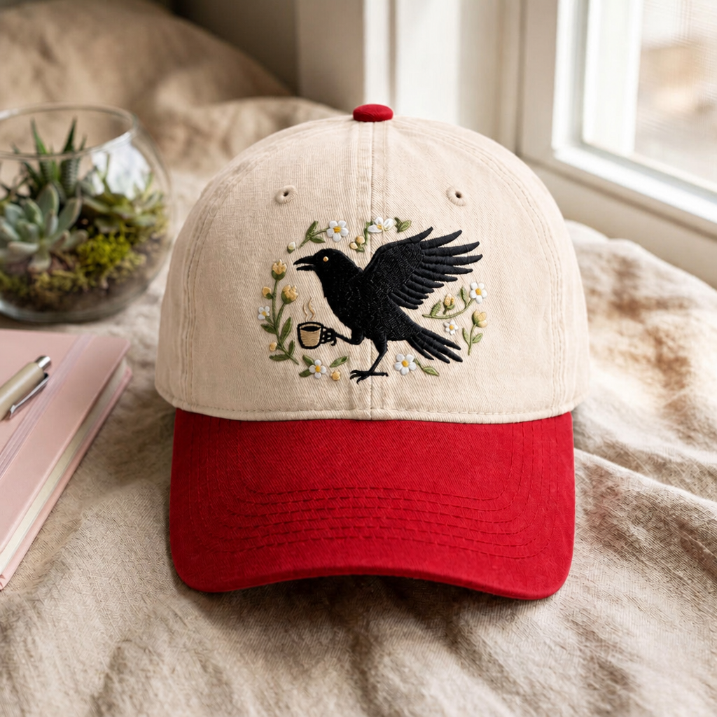 Crow With Coffee Cup Boho Floral Wreath Embroidered Two-Tone Hat