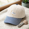 Seagull Bird Coastal Beach Embroidered Gingham & Stripe Brim Hat