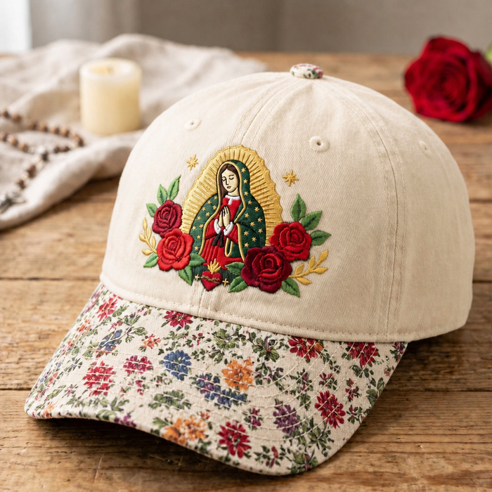 Personalized Our Lady of Guadalupe Virgin Mary Roses Catholic Embroidered Floral & Leopard Brim Hat