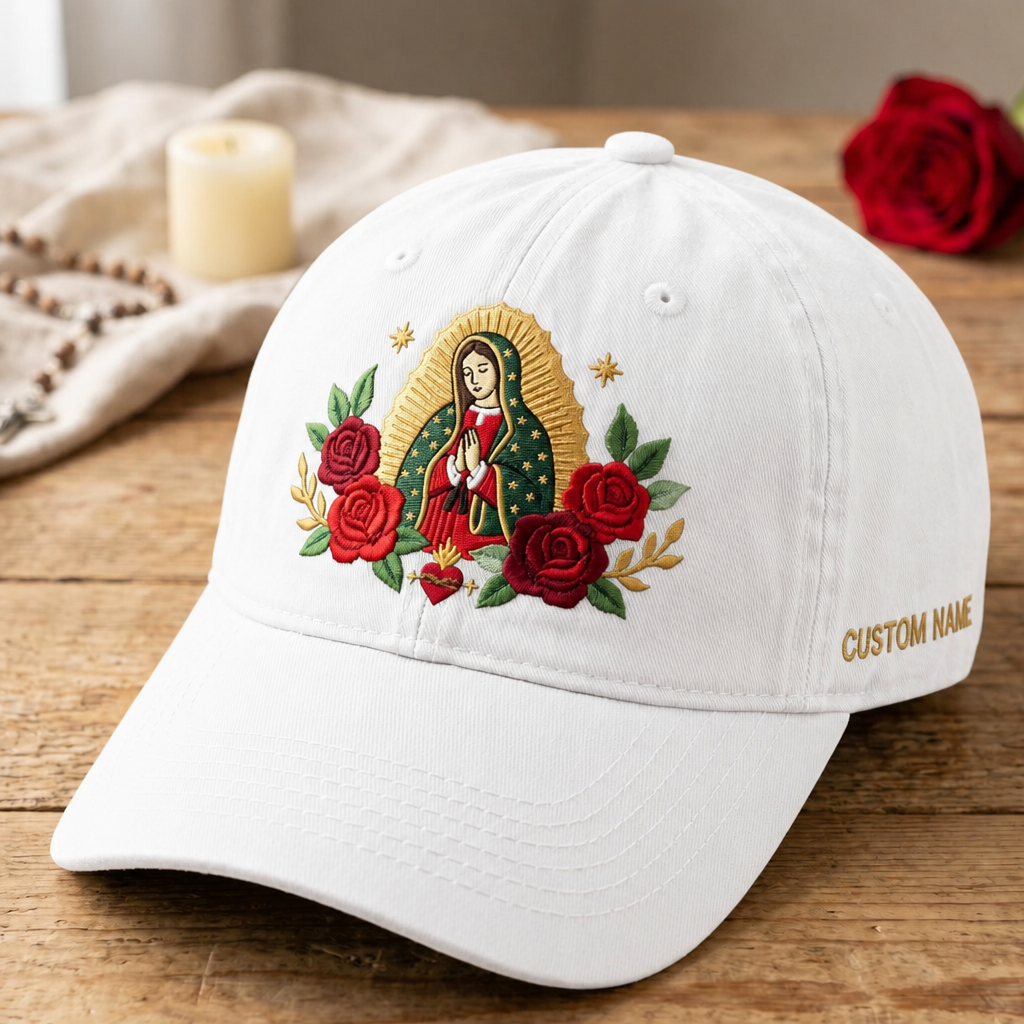 Personalized Our Lady of Guadalupe Virgin Mary Roses Catholic Embroidered Hat