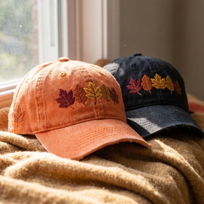 Fall Autumn Leaves Row Washed Baseball Embroidered Hat