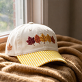 Fall Autumn Leaves Row Washed Baseball Embroidered Gingham & Stripe Brim Hat