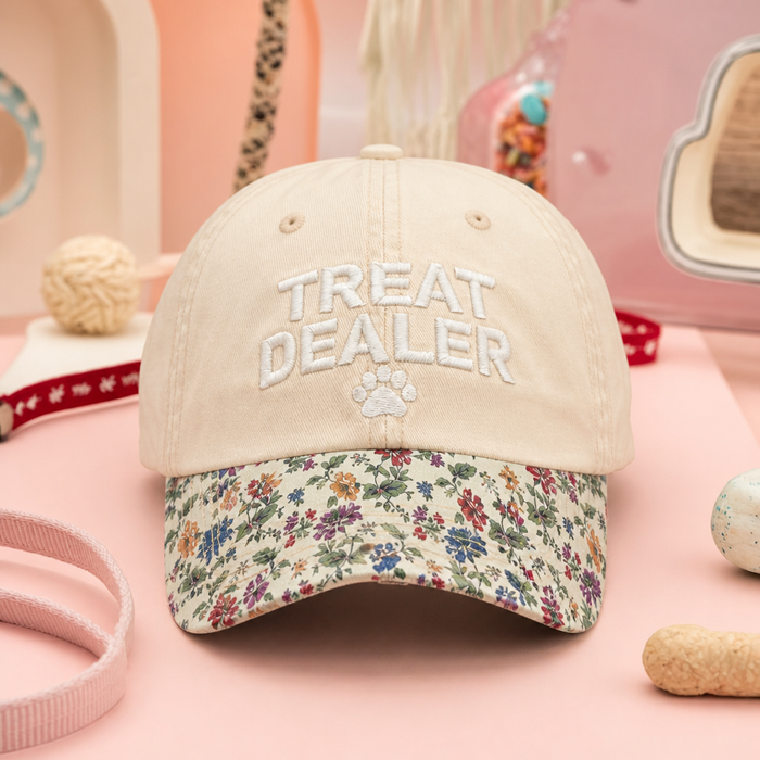 Treat Dealer Paw Print Funny Dog Mom Embroidered Floral & Leopard Brim Hat