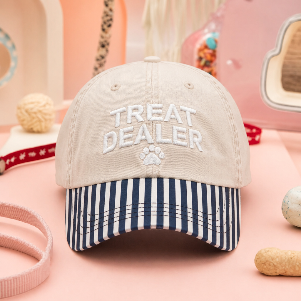 Treat Dealer Paw Print Funny Dog Mom Embroidered Gingham & Stripe Brim Hat