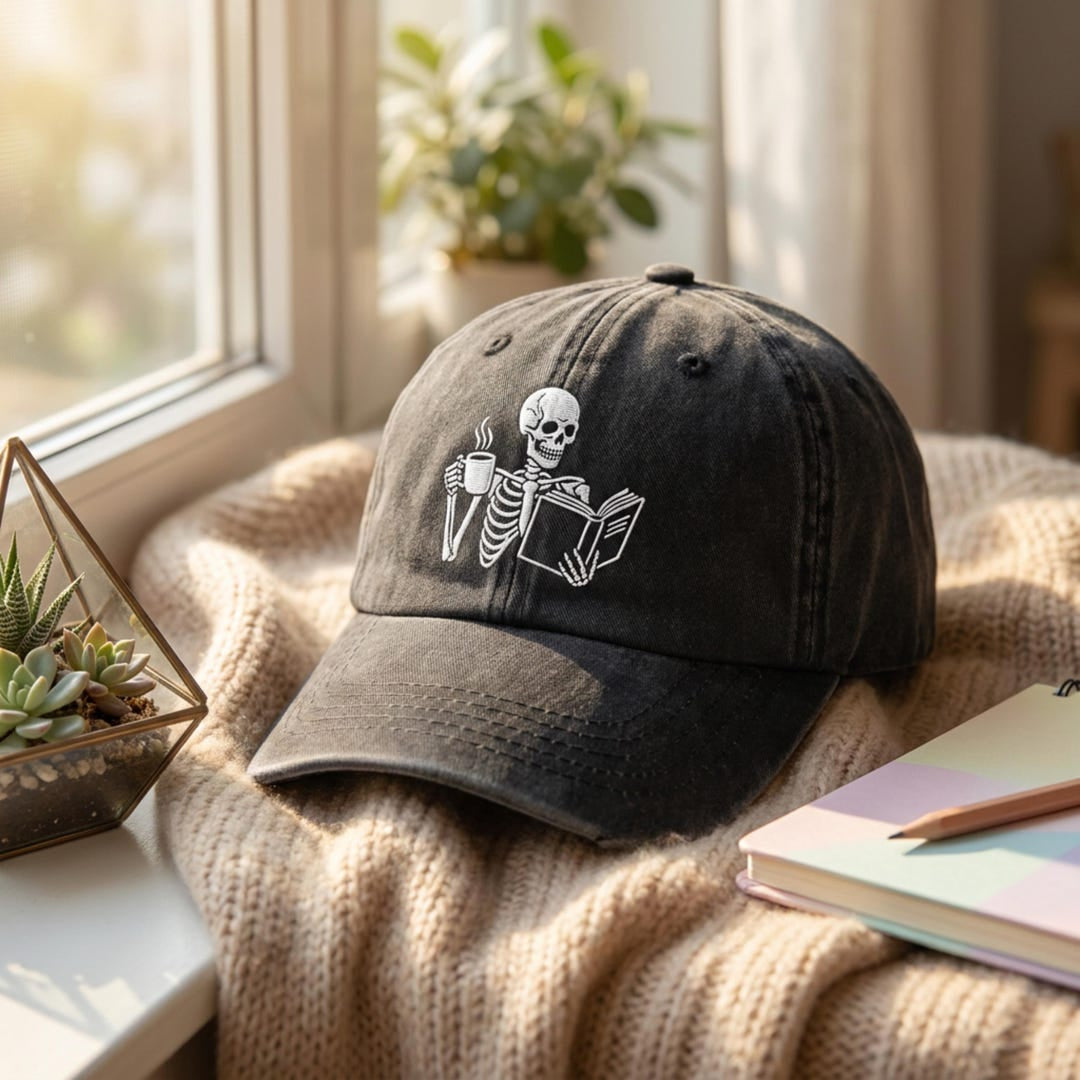 Skeleton Reading Book Coffee Cup Spooky Reader Embroidered Hat — Washed Hat