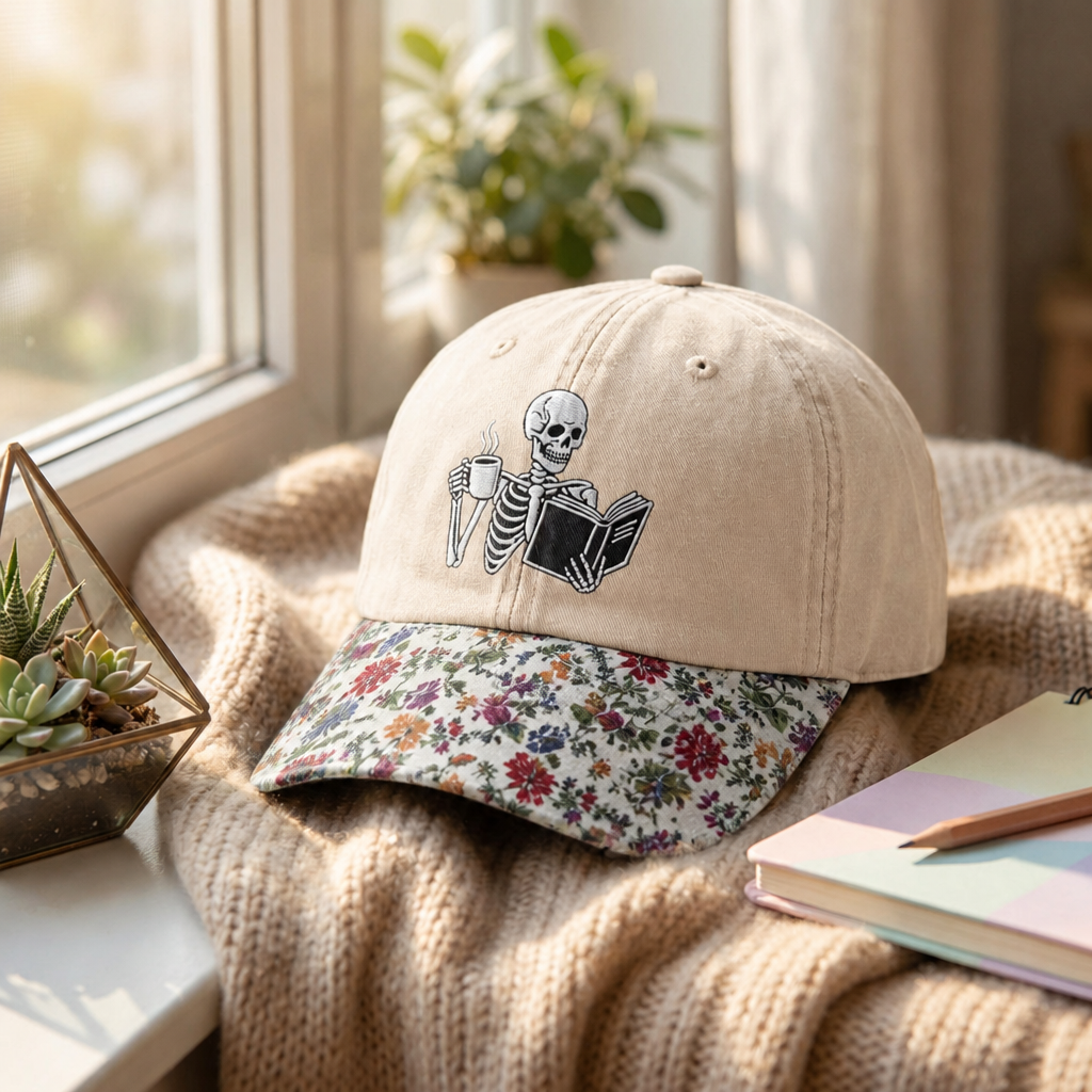 Skeleton Reading Book Coffee Cup Spooky Reader Embroidered Floral & Leopard Brim Hat