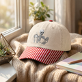Skeleton Reading Book Coffee Cup Spooky Reader Embroidered Gingham & Stripe Brim Hat