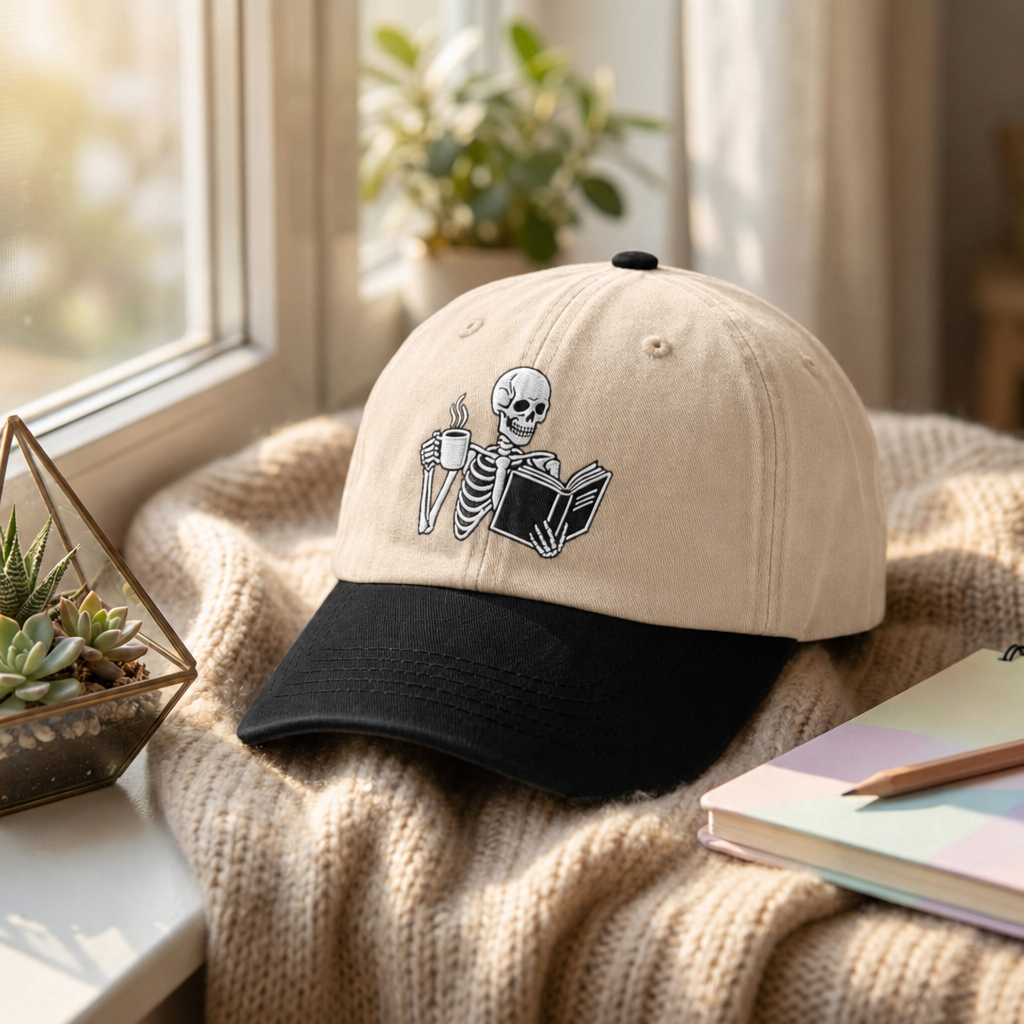 Skeleton Reading Book Coffee Cup Spooky Reader Embroidered Two-Tone Hat