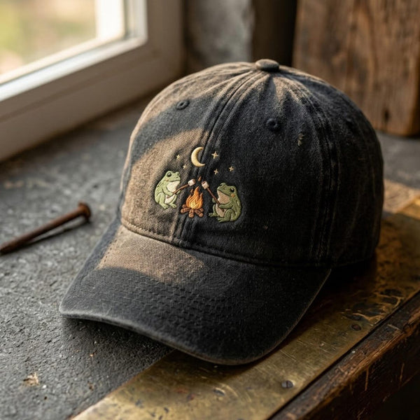 Two Frogs Campfire Marshmallow Moon Stars Cottagecore Embroidered Hat — Washed Hat