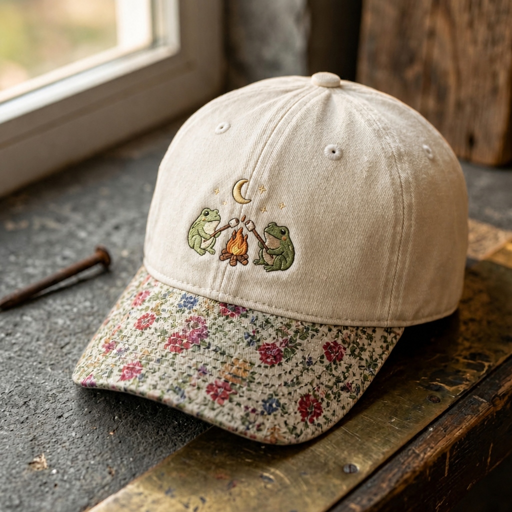Two Frogs Campfire Marshmallow Moon Stars Cottagecore Embroidered Floral & Leopard Brim Hat
