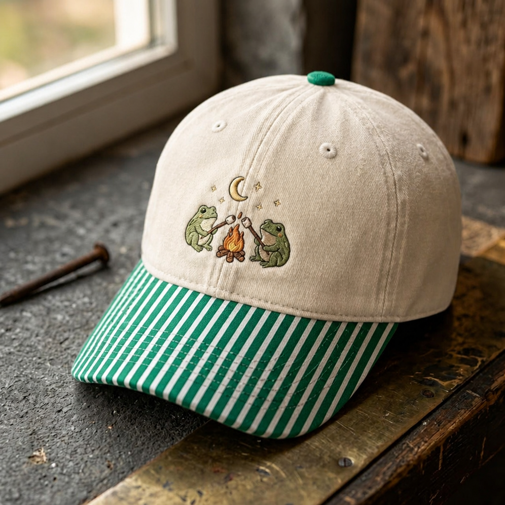 Two Frogs Campfire Marshmallow Moon Stars Cottagecore Embroidered Gingham & Stripe Brim Hat