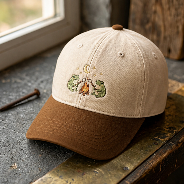 Two Frogs Campfire Marshmallow Moon Stars Cottagecore Embroidered Two-Tone Hat