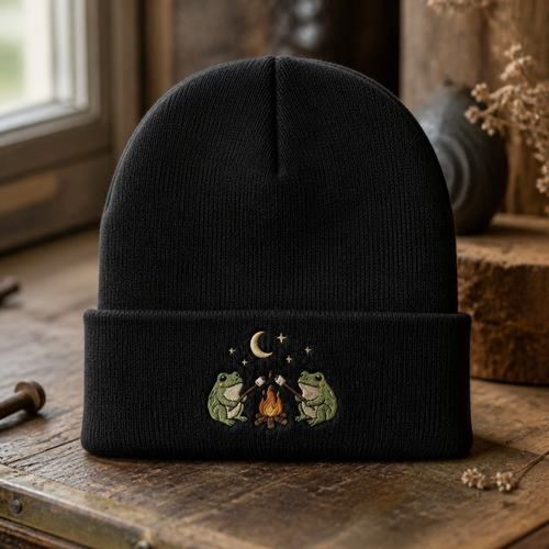 Two Frogs Campfire Marshmallow Moon Stars Cottagecore Embroidered Beanie