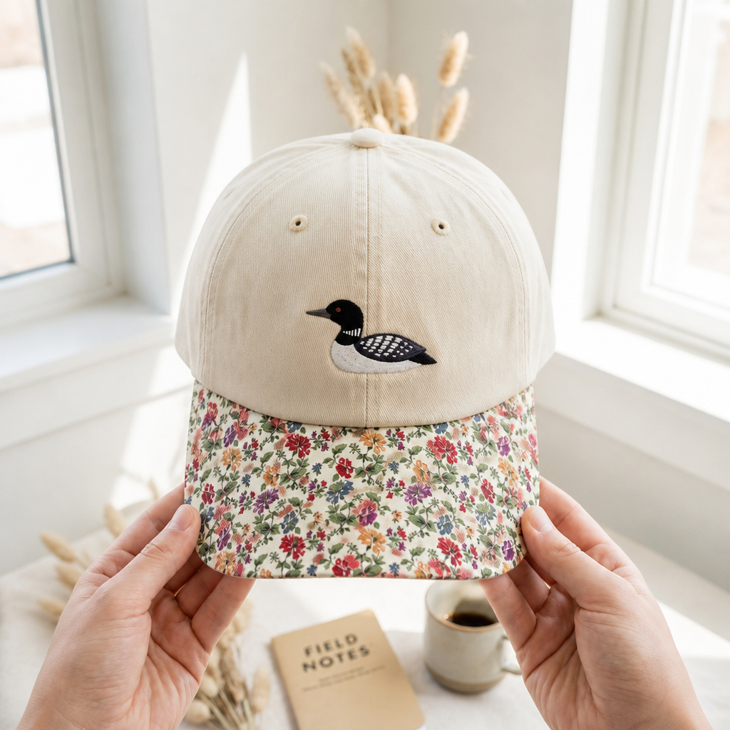 Common Loon Bird Embroidered Floral & Leopard Brim Hat