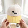 Common Loon Bird Embroidered Gingham & Stripe Brim Hat