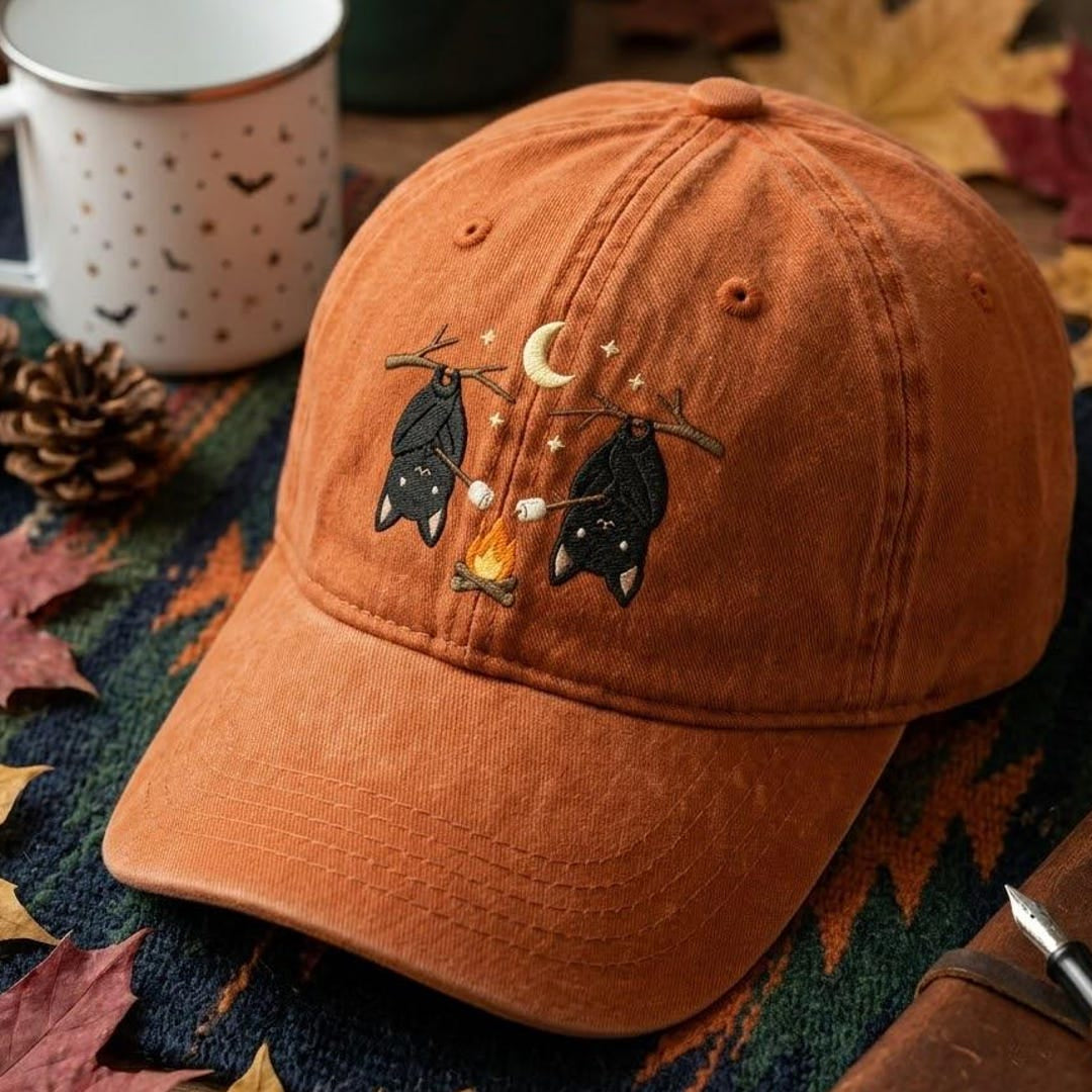 Halloween Bats Campfire Roasting Marshmallows Moon Stars Embroidered Hat — Washed Hat