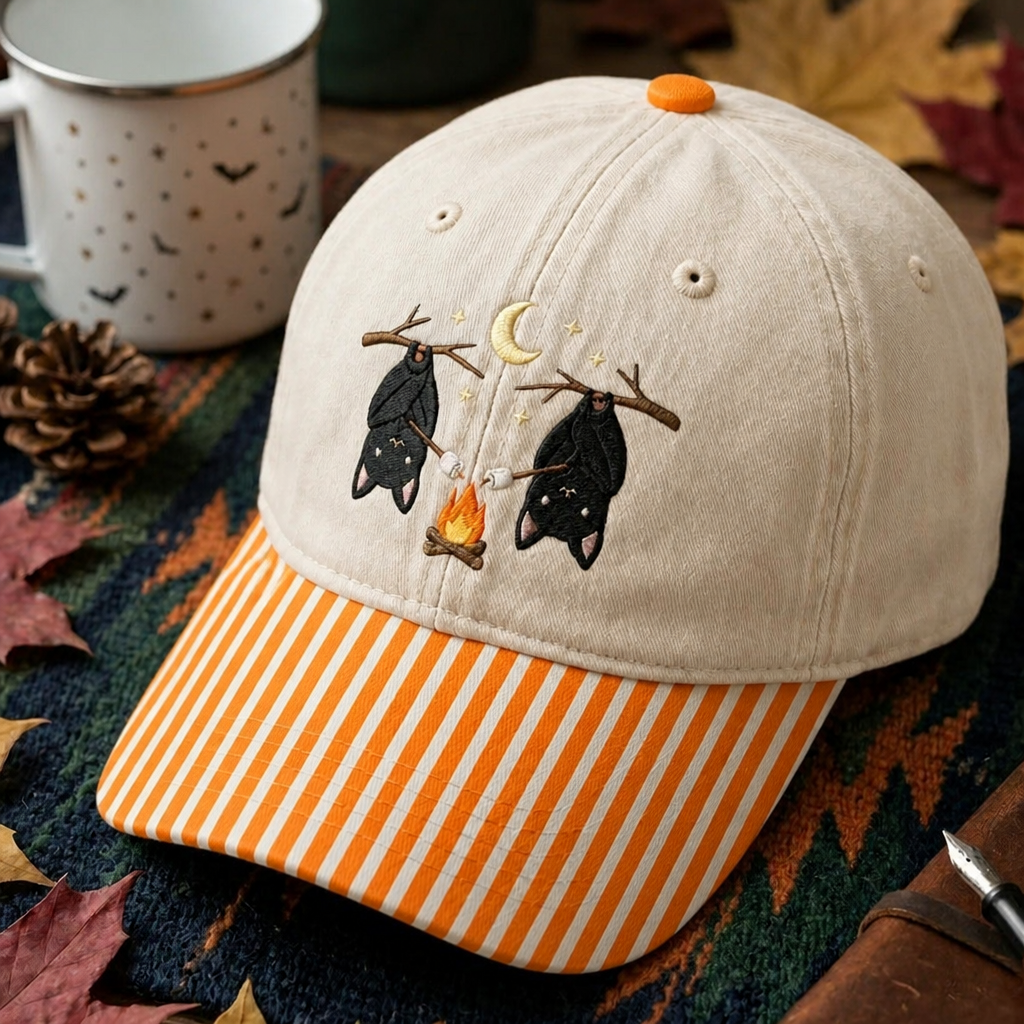 Halloween Bats Campfire Roasting Marshmallows Moon Stars Embroidered Gingham & Stripe Brim Hat