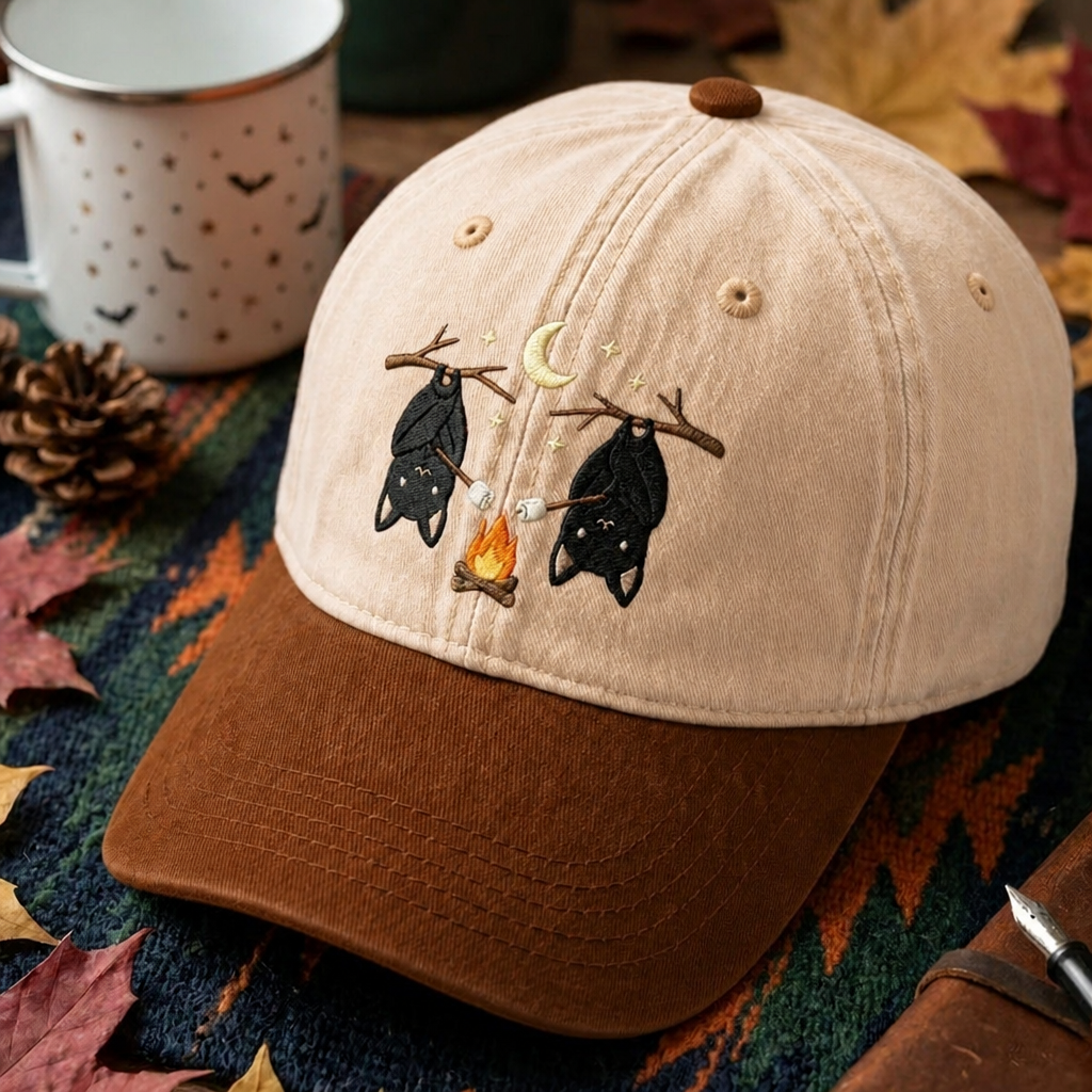 Halloween Bats Campfire Roasting Marshmallows Moon Stars Embroidered Two-Tone Hat