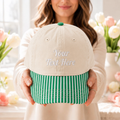 Personalized Custom Text Embroidered Gingham & Stripe Brim Hat