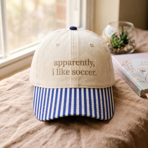 Apparently I Like Soccer Funny Embroidered Gingham & Stripe Brim Hat