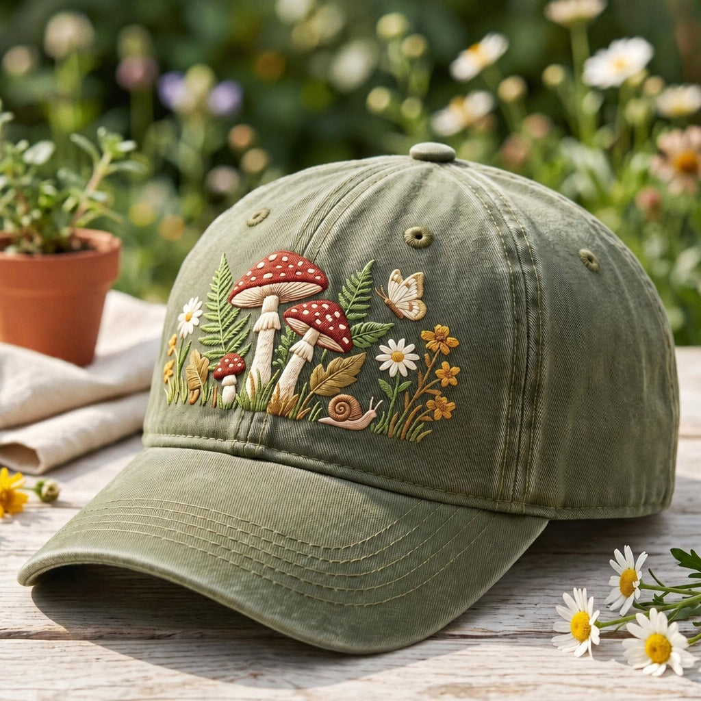 Personalized Mushroom Wildflower Snail Butterfly Cottagecore Embroidered Hat — Washed Hat
