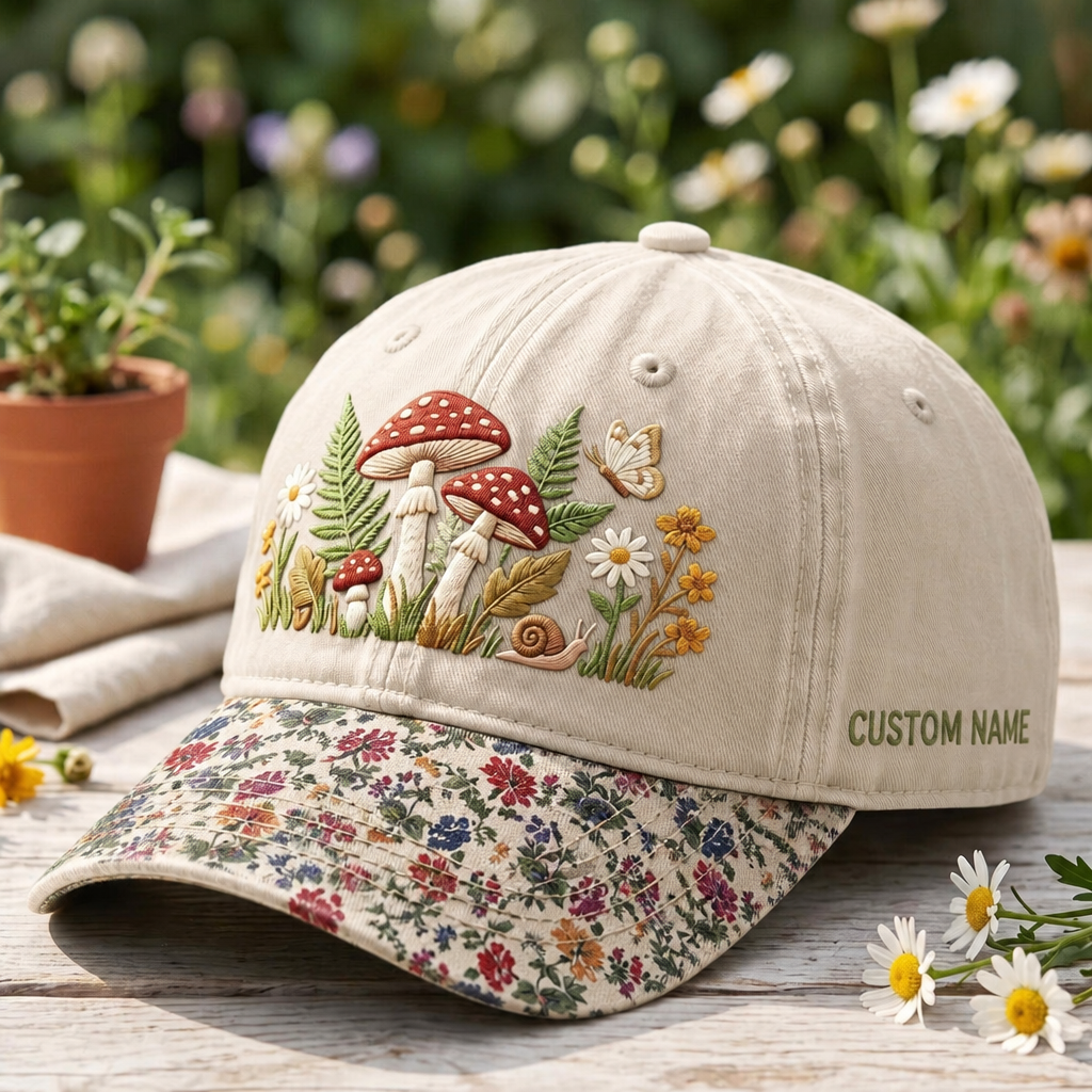 Personalized Mushroom Wildflower Snail Butterfly Cottagecore Embroidered Floral & Leopard Brim Hat