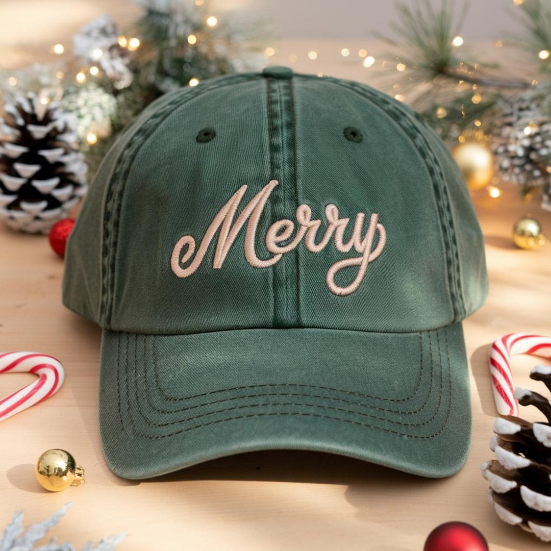 Merry Christmas Script Embroidered Hat — Washed Hat