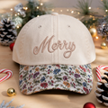Merry Christmas Script Embroidered Floral & Leopard Brim Hat