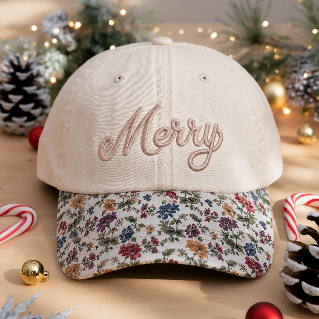 Merry Christmas Script Embroidered Floral & Leopard Brim Hat