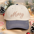 Merry Christmas Script Embroidered Gingham & Stripe Brim Hat