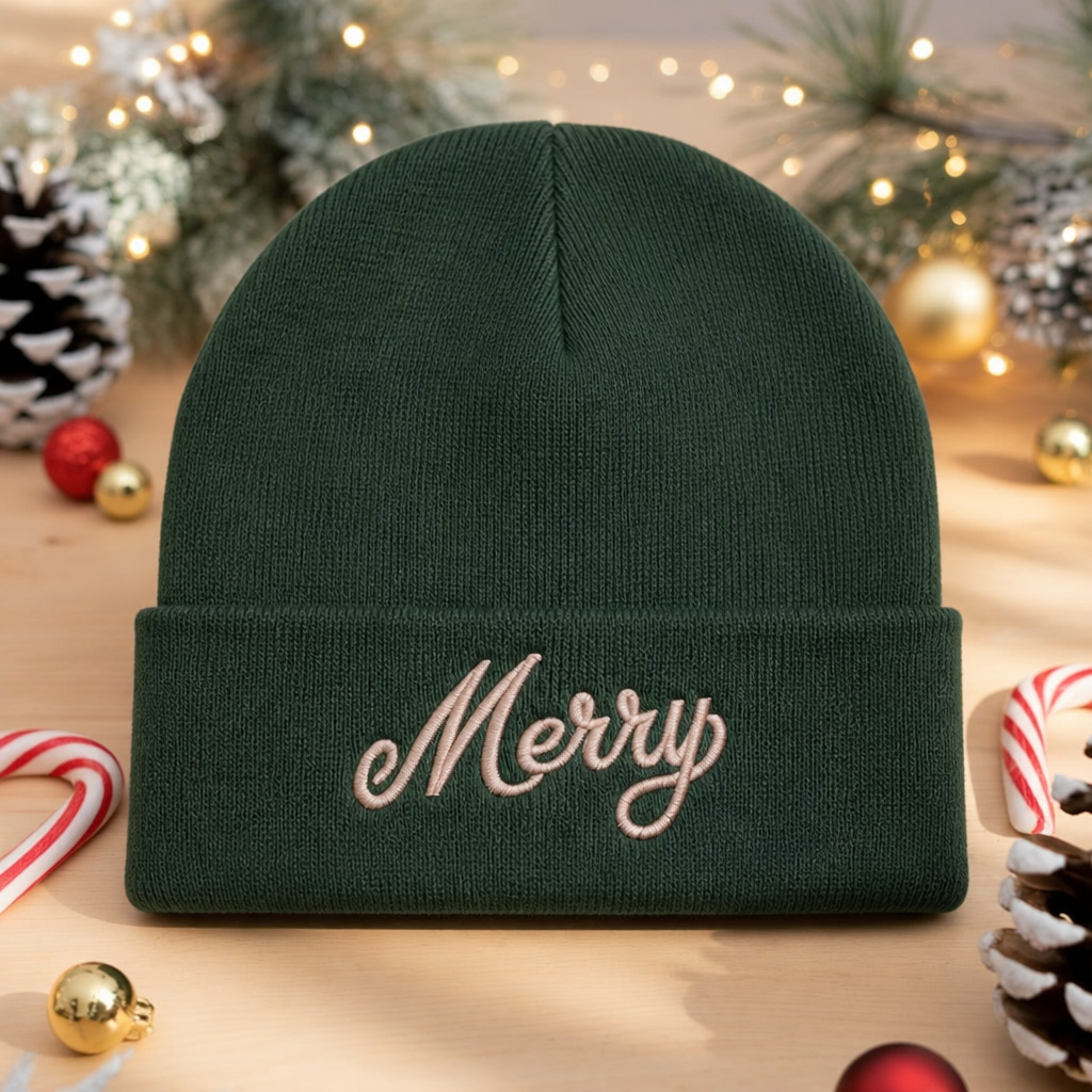 Merry Christmas Script Embroidered Beanie