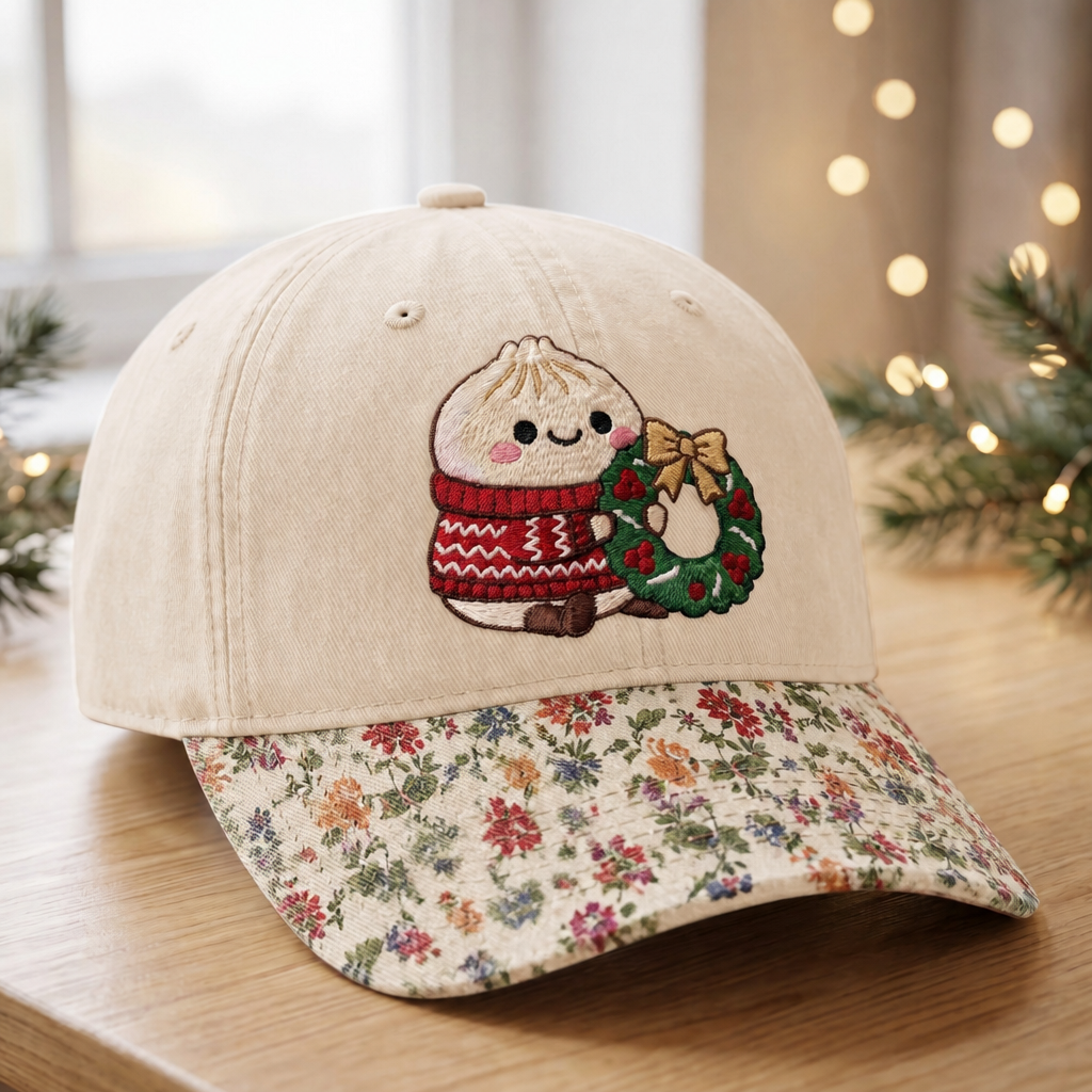 Christmas Dumpling Kawaii Ugly Sweater Wreath Embroidered Floral & Leopard Brim Hat