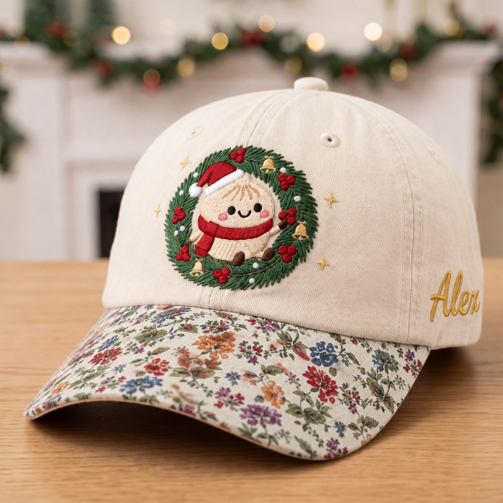 Personalized Christmas Dumpling Santa Hat Wreath Jingle Bells Embroidered Floral & Leopard Brim Hat
