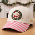 Personalized Christmas Dumpling Santa Hat Wreath Jingle Bells Embroidered Gingham & Stripe Brim Hat