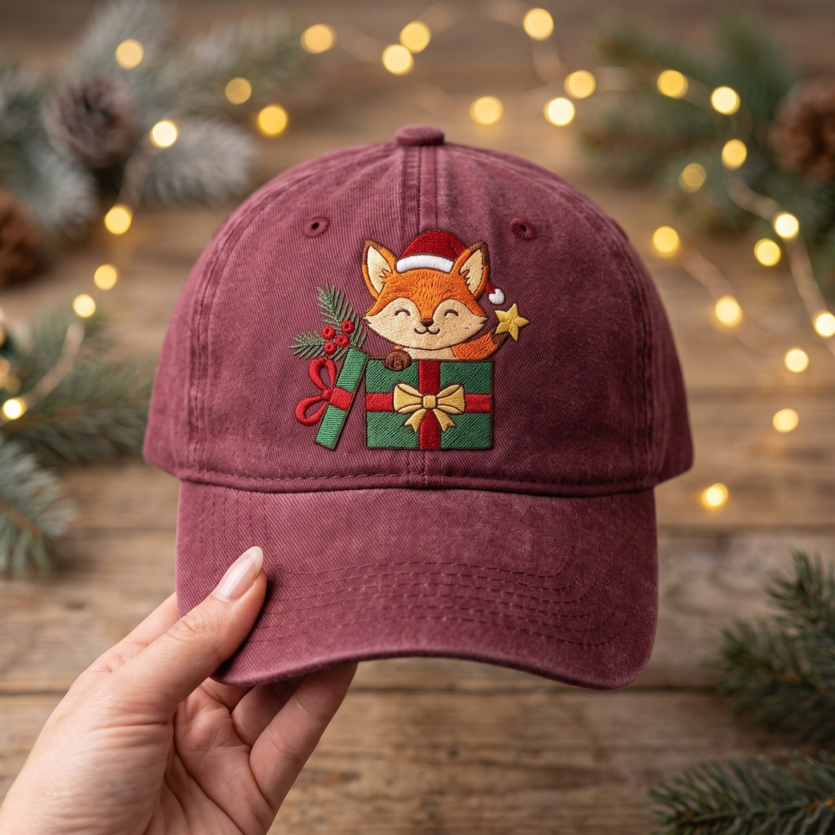 Christmas Fox Santa Hat Gift Box Holly Berries Embroidered Hat — Washed Hat