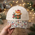 Christmas Fox Santa Hat Gift Box Holly Berries Embroidered Floral & Leopard Brim Hat