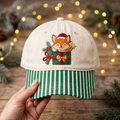 Christmas Fox Santa Hat Gift Box Holly Berries Embroidered Gingham & Stripe Brim Hat