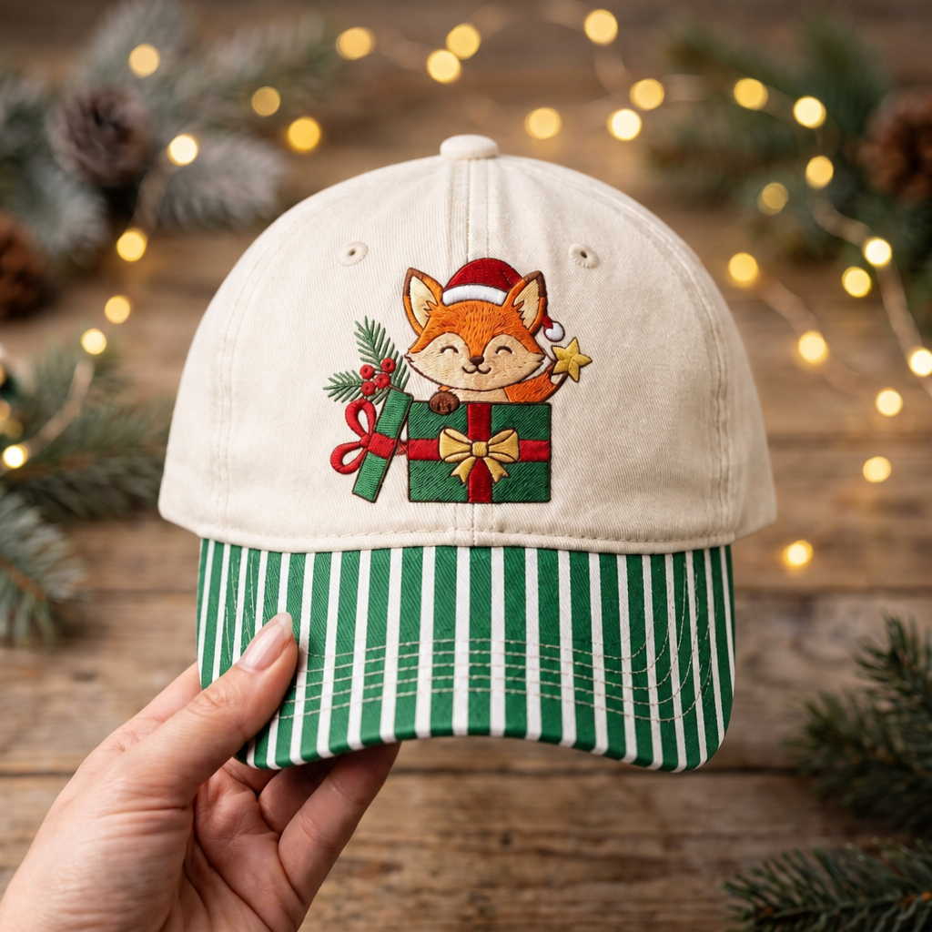 Christmas Fox Santa Hat Gift Box Holly Berries Embroidered Gingham & Stripe Brim Hat