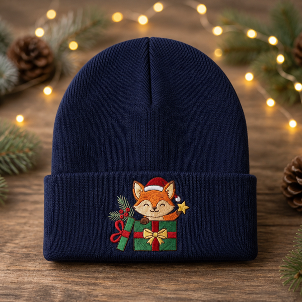 Christmas Fox Santa Hat Gift Box Holly Berries Embroidered Beanie