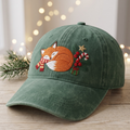Sleeping Fox Christmas Candy Cane Holly Berries Pine Embroidered Hat — Washed Hat